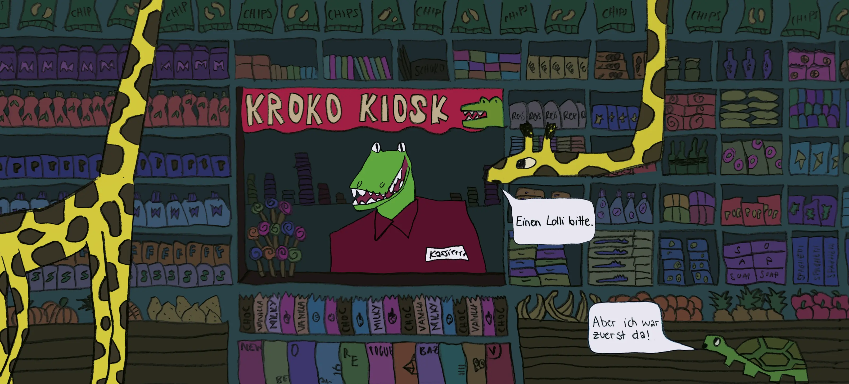 Das ist eine Illustration eines Kiosks, wobei der Verkäufer ein Krokodil und der Kunde eine Giraffe ist